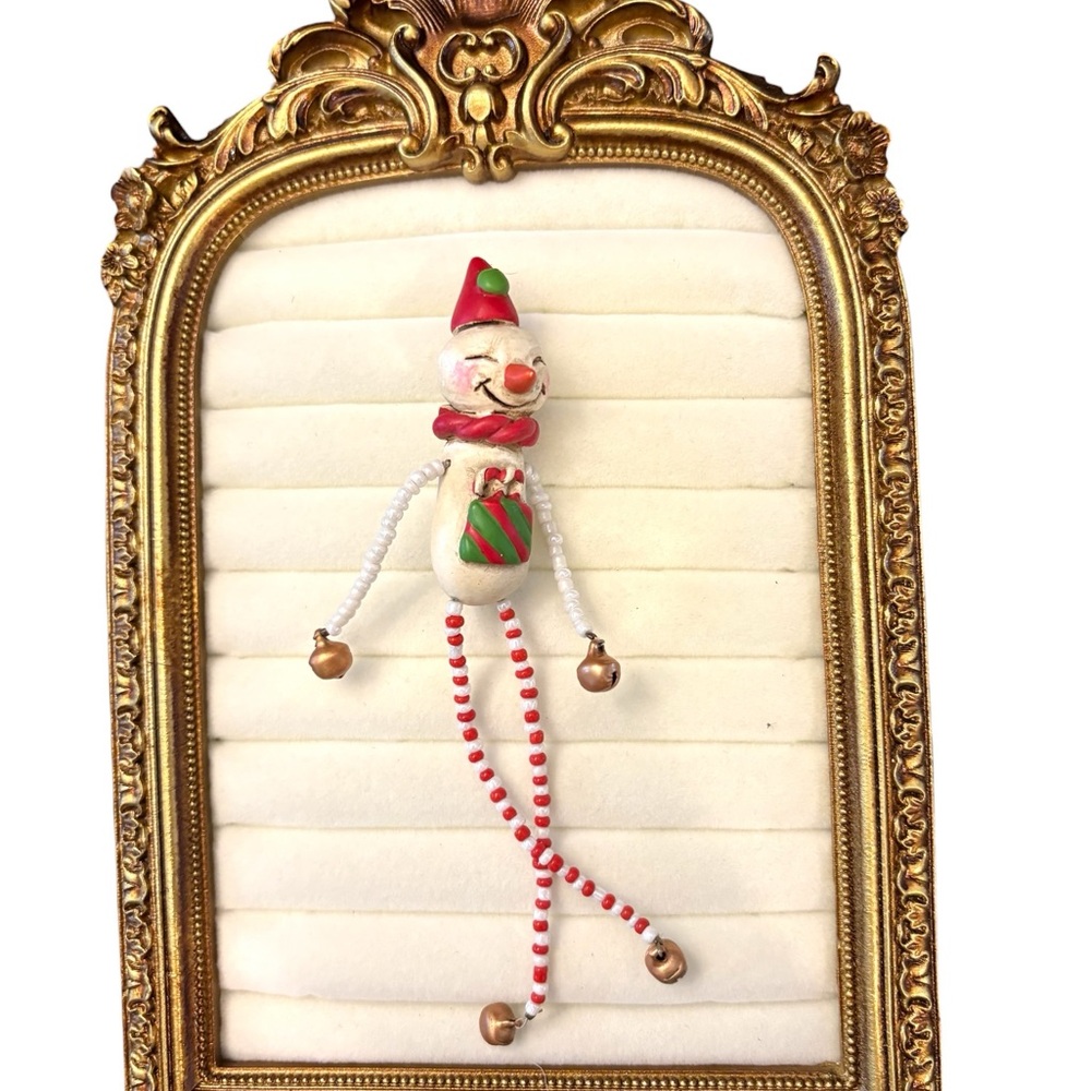 Whimsical Snowman Pin Brooch Smiling Beaded Arms Legs Resin Christmas Jewelry